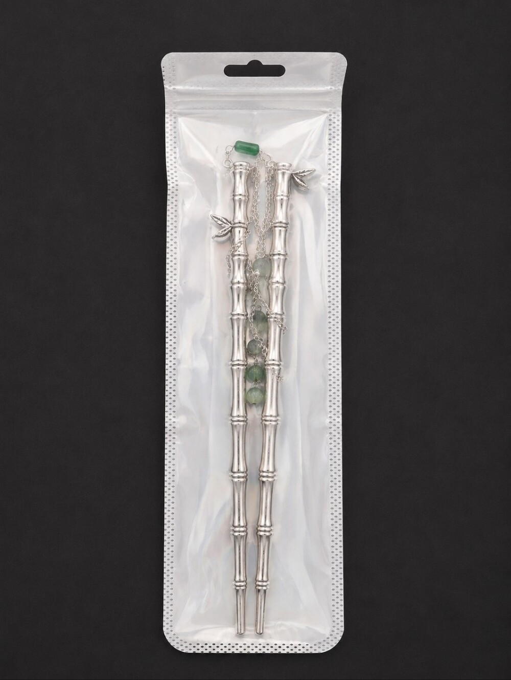 Bamboo Hair Sticks Green Bead Tassels - Picture 5 of 5